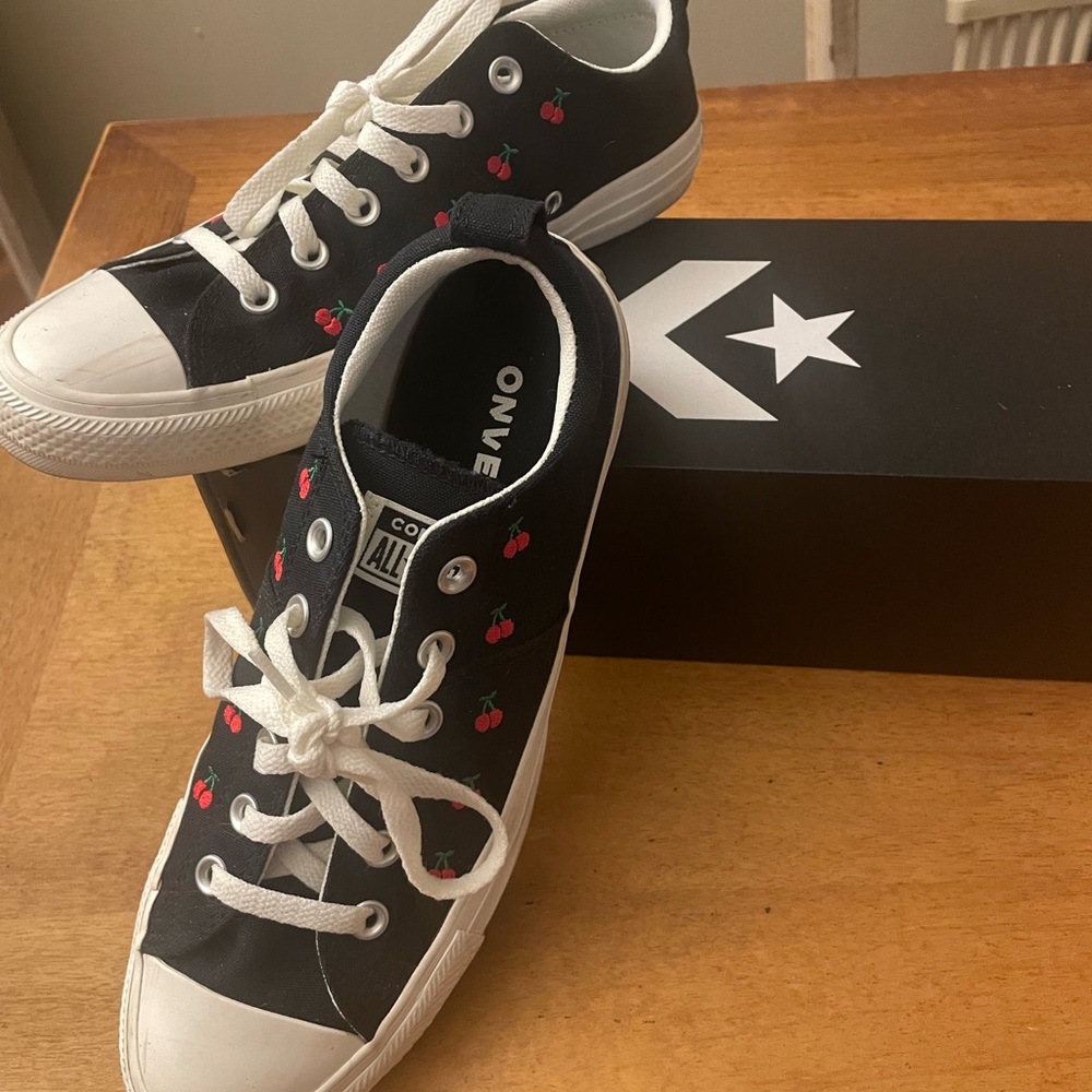 Converse women's sneakers size 10.  Black and white with red cherries